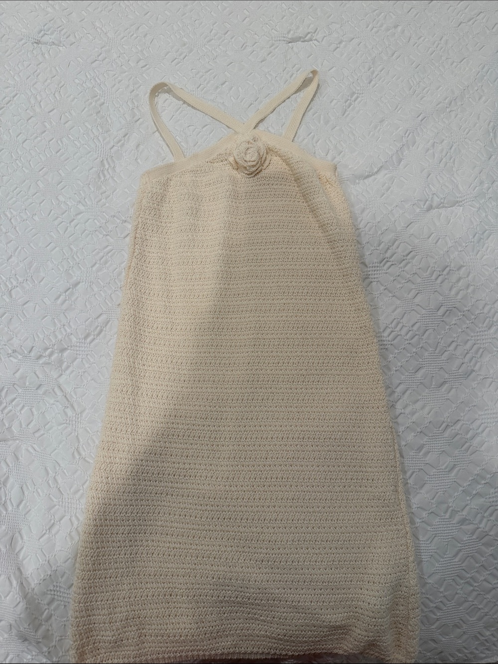 Reserved Cream Crochet Dress with Rosette Detail